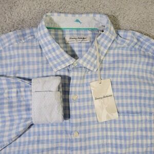 Tommy Bahama Barbados Breeze Shirt Men XXL 2XL Check Mountain Bluebell Flip Cuff